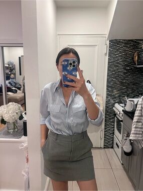 Calvin Klein Light Blue Satin Utility oversized Button-Up Shirt XS